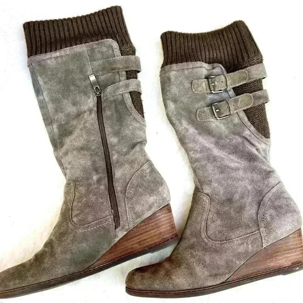 Bjorndal Brown Solar Suede Knit Upper Wedge Heeled‎ Zip Slouchy Boots Size 9.5